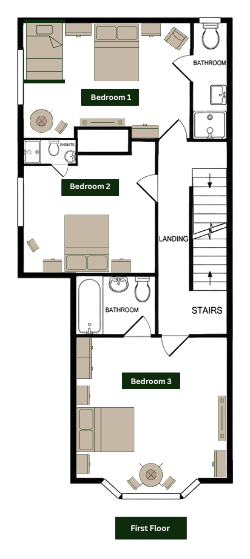 First floor plan: bedrooms 1, 2 and 3, two bathrooms and the landing and stairs