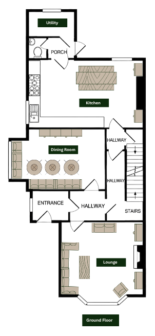 Ground floor plan: utility, porch, kitchen, dining room, entrance hallway, stairs and lounge