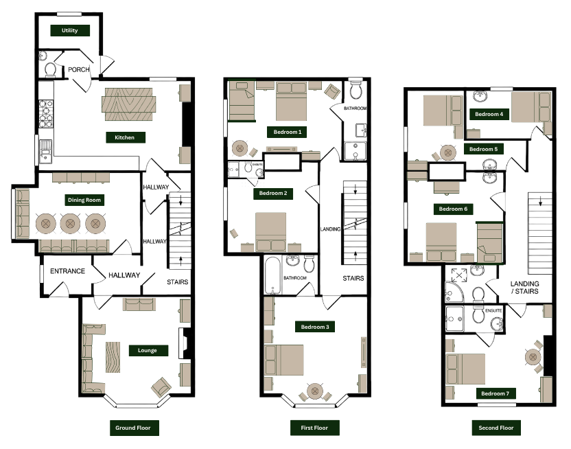 Compton Guest House floor plan showing ground, first and second floors, with bedrooms and bathrooms marked