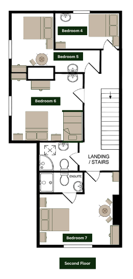 Second floor plan: bedrooms 4, 5, 6 and 7 with a landing and stairs
